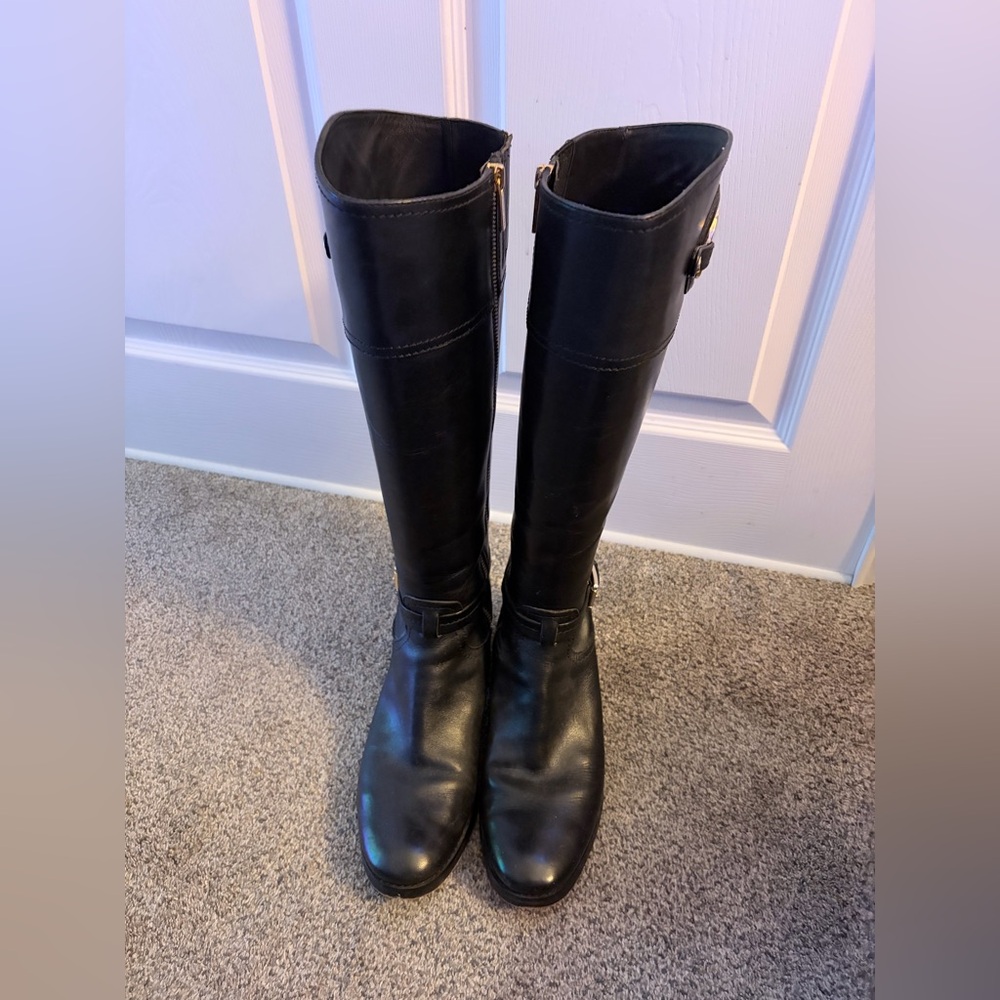 Michael Kors Black Tall Leather Healed Zip Up Boots & Gold Accents Size 8 NWOB - Picture 11 of 13